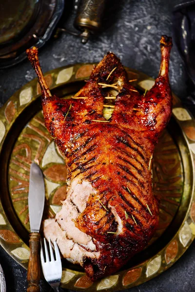 Roast Spiced Duck Plums Style Rustic Selective Focus — Stock Photo, Image