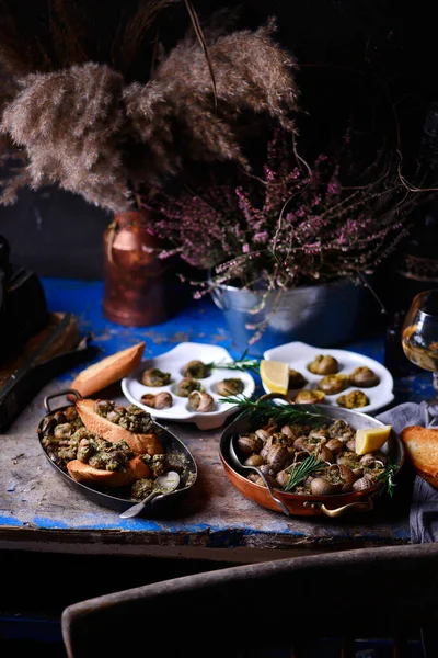 Bourgogne Escargot Med Ört Butter Style Rustic Selective Fokus — Stockfoto