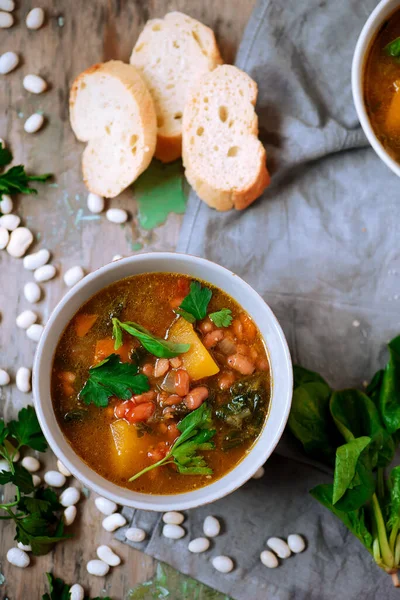 Soupe Courge Musquée Haricot Blanc Toscan Rustique Focus Sélectif — Photo