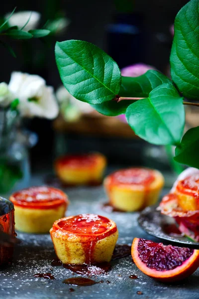 Semolina almond and blood orange syrup cake.vintage style.selective focus