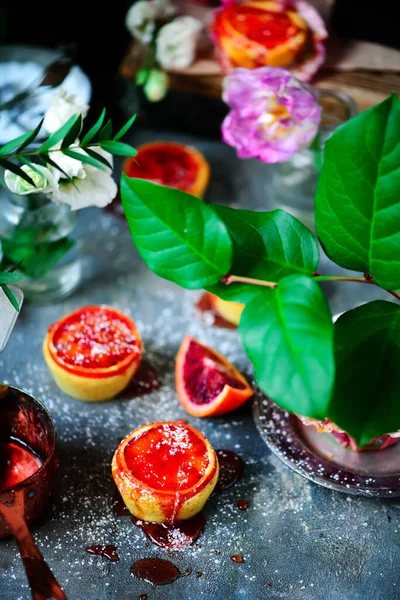 Semolina almond and blood orange syrup cake.vintage style.selective focus