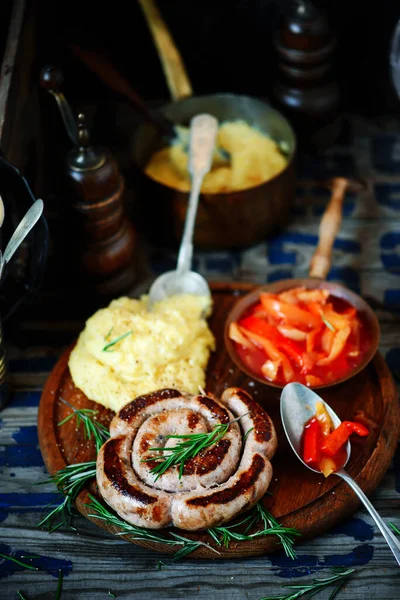 Fried Sausages Polenta Vegetable Sauce Style Rustic Selective Focus — Stock Photo, Image