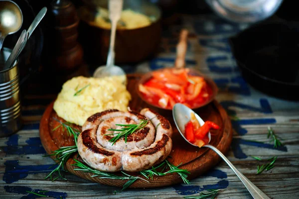 Fried Sausages Polenta Vegetable Sauce Style Rustic Selective Focus — Stock Photo, Image