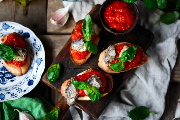 Bruschetta Poivre Aux Sardines Style Rustic Selective Focus — Photo