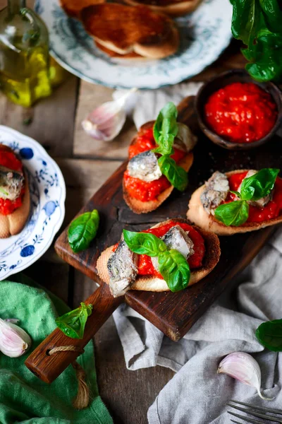 Bruschetta Pepper Sardines Style Rustic Selective Focus — Stock Photo, Image