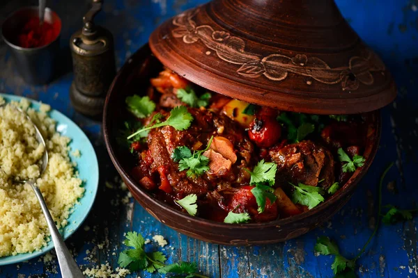 Agneau Marocain Tagine Style Rustic Selective Focus — Photo