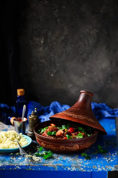 Tagine Agnello Marocchino Stile Rustico Focus Selettivo — Foto Stock