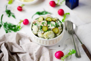 Dilenlenmiş patates ve salatalık turşusu. Seçici odak noktası.