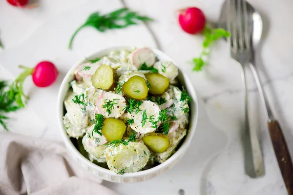 Patata Salamoia Insalata Cetrioli Sottaceto Focus Selettivo — Foto Stock