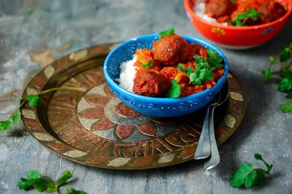 Vegan Moroccan Meatball Stew Selective Focus Style Vintsge — стоковое фото