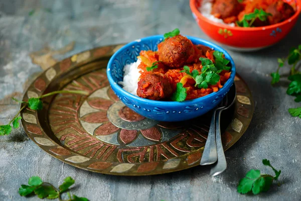 Estofado Albóndigas Marroquí Vegano Vintsge Selectivo Focus Style — Foto de Stock