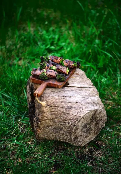 Bahçedeki Çimlerin Üzerinde Biftek Brokoli Kebabı Seçici Bir Odak Noktası — Stok fotoğraf