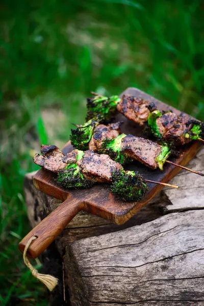 Steack Brócolis Kebab Grama Quintal Foco Seletivo — Fotografia de Stock