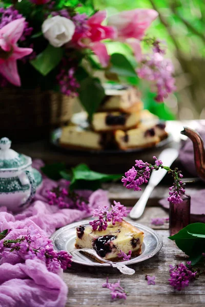 Blueberry Cheesecake Riegel Style Rustic Selektiver Fokus — Stockfoto