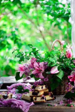 Yabanmersinli cheesecake barları.. tarz rustik.Seçici odak noktası