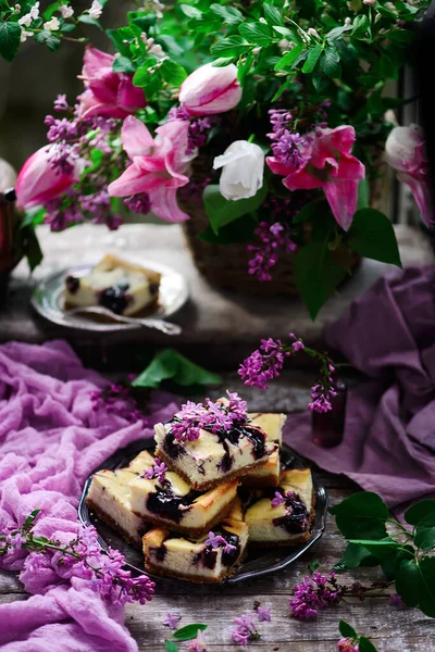 Blueberry Cheesecake Bars Style Rustic Selective Focus — Stock Photo, Image