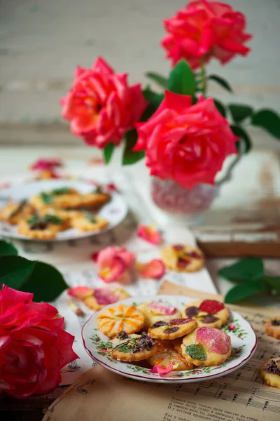 Květinové Okvětní Lístky Zakysaná Smetana Cookies Style Vintage Selective Focus — Stock fotografie