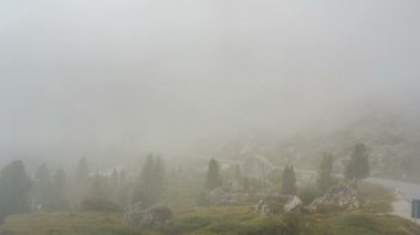 Belgili tanımlık geçmek içinde dağ yolda sis