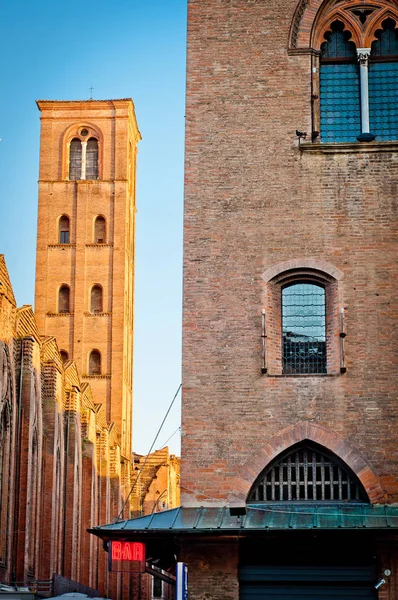 Street view of Bologna. Bell tower. — Stock Photo, Image