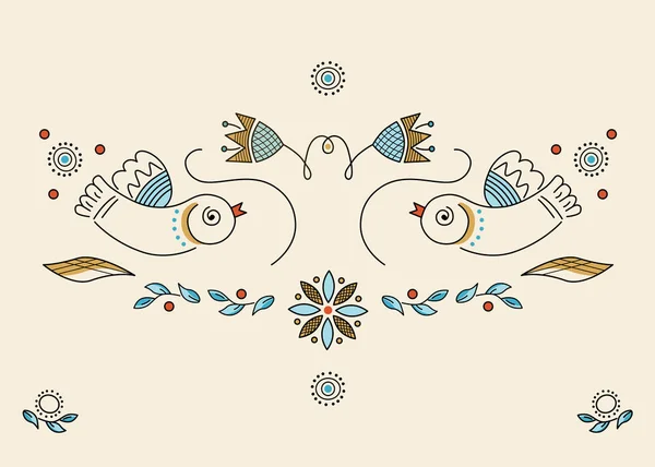 Vektor Ornamentale Illustration Farbige Zeichnungen Von Vögeln Blumen Linienkunst Stickerei — Stockvektor