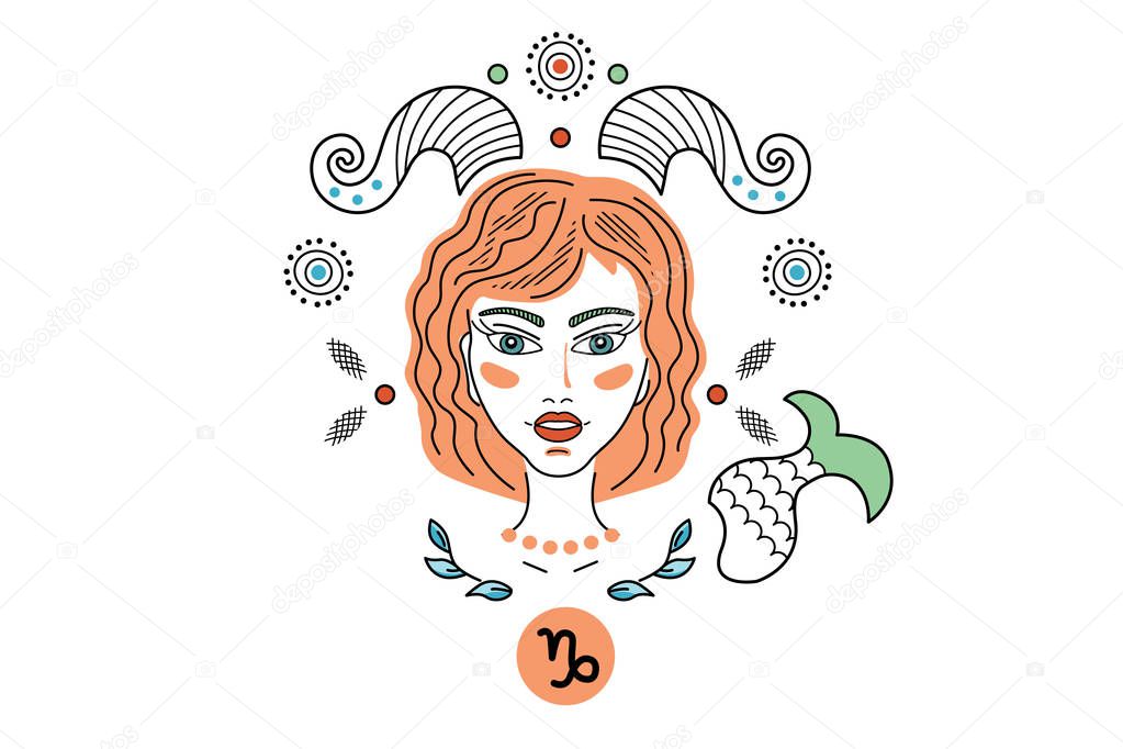 Vector Illustration of zodiac signs constellations Capricorn, logo, tattoo. Girl or woman with horns and a fish tail, fantasy ornament in fairy tail style.