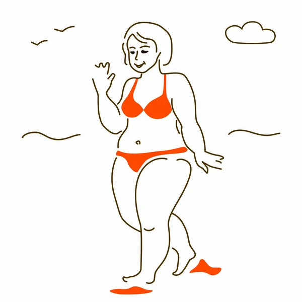 Vektor Illustration Einer Frau Von Großer Xxl Größe Strand Einem — Stockvektor
