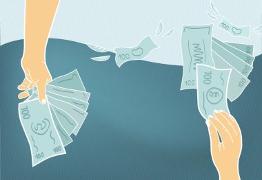 Para, iş, banka kredileri, maaş, emekli maaşı, geri ödeme birikimleri. Nakit para, dolar banknotlar, banka kartı ve online ödeme..