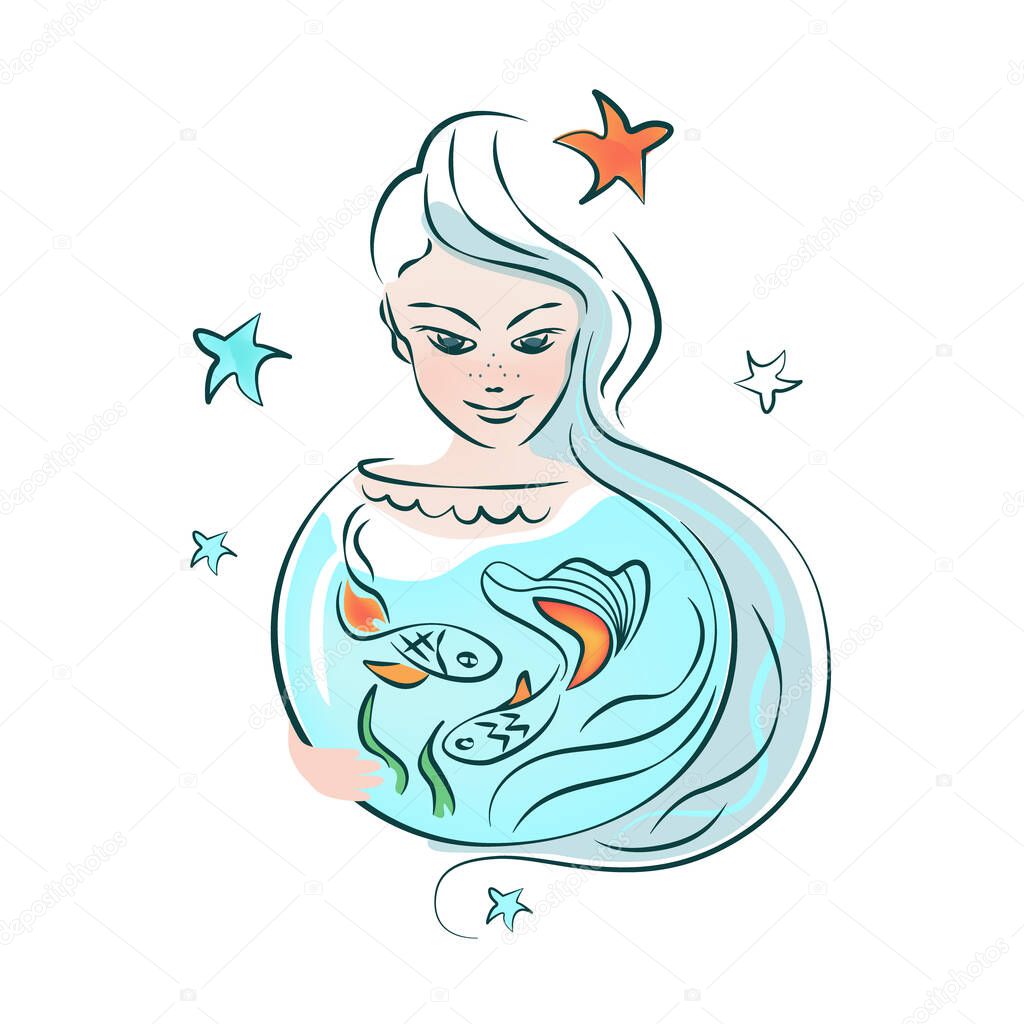 Girl with long hair and aquarium with gold, red fish. A woman makes a wish, dreams. Zodiac sign Pisces. Vector Illustration on white backround, logo, cover, banner.