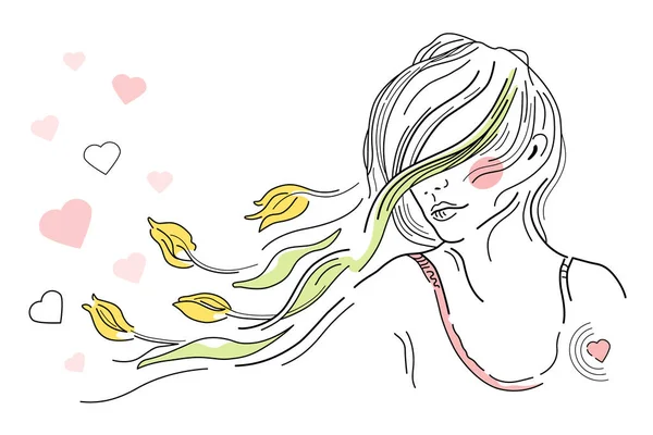 Vektor Illustration Des Frühlings Mädchen Junge Frau Mit Fliegendem Haar — Stockvektor