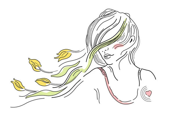 Vektor Illustration Eines Jungen Mädchens Frühling Frau Mit Fliegendem Haar — Stockvektor