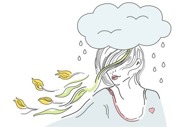 Vector illustration of spring depression, girl in bad mood, woman with flying hair and yellow tulips on white background. Flowers on Women's Day. Psychological concept of spleen, internal resources clipart