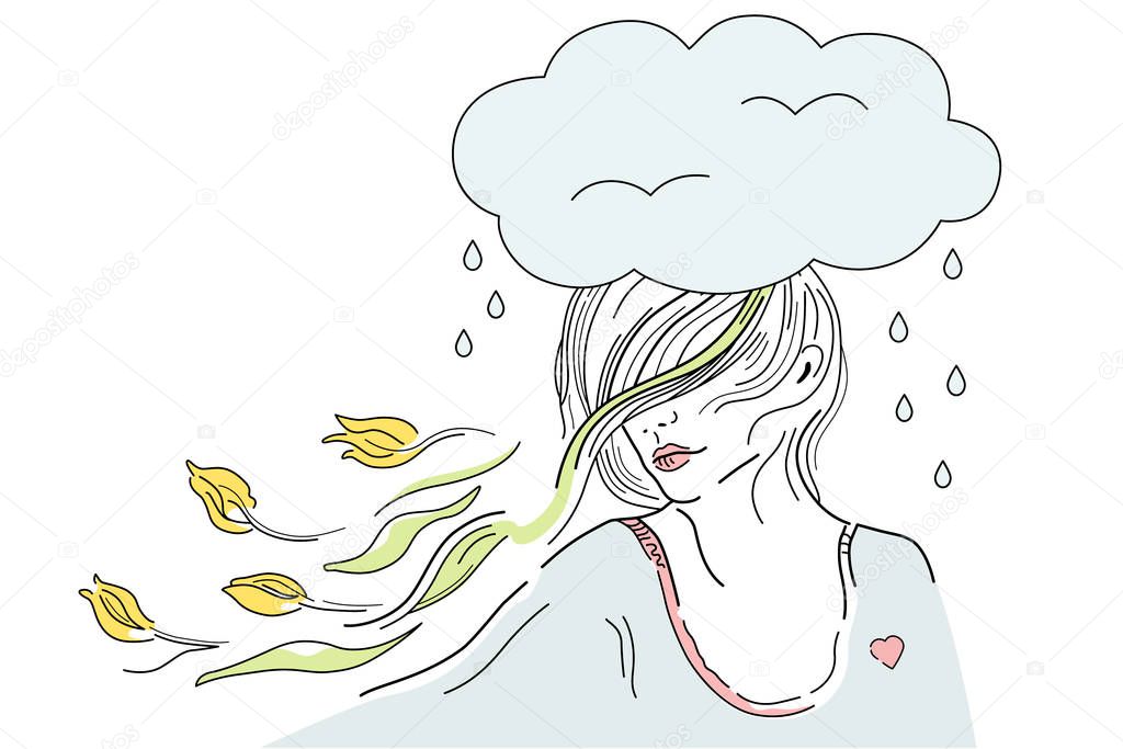 Vector illustration of spring depression, girl in bad mood, woman with flying hair and yellow tulips on white background. Flowers on Women's Day. Psychological concept of spleen, internal resources