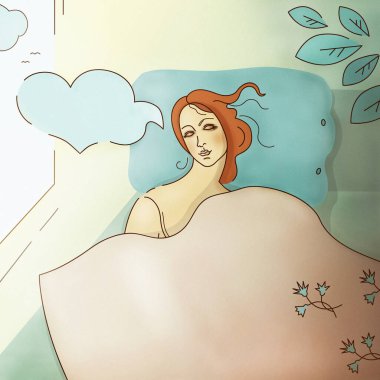 Genç bir kadın yatakta uyur, aşkı düşler, erken uyanır.