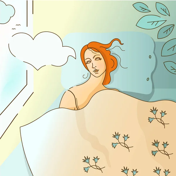Mladá Žena Spí Posteli Sní Lásce Brzy Ráno Probudí Ilustrace — Stockový vektor