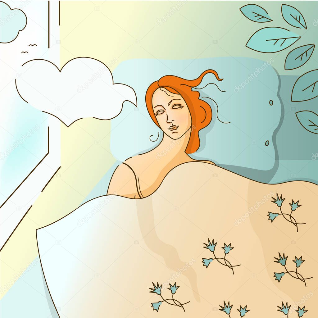 A young woman sleeps in bed, dreams of love, woke up early in the spring morning. Illustration on the topic of relationships, sex, loneliness, psychological concept of single people