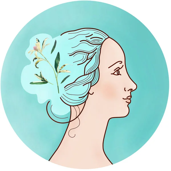Wiosenna Ilustracja Kobiecego Profilu Twarz Pięknej Dziewczyny Kwiatami Włosach Niebieskim — Zdjęcie stockowe