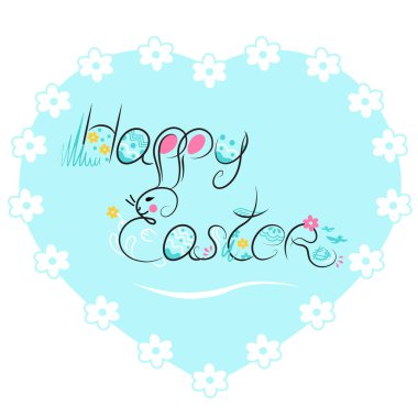 Bayram Paskalya vektörü illüstrasyonu, tebrik kartı, poster, afiş, broşür. Tavşan Tavşan, Yumurta, Çiçek, Kuş, Yaprak. Mavi kalp arka planında elle çizilmiş siyah yazı tipinden komik karalama kompozisyonu.