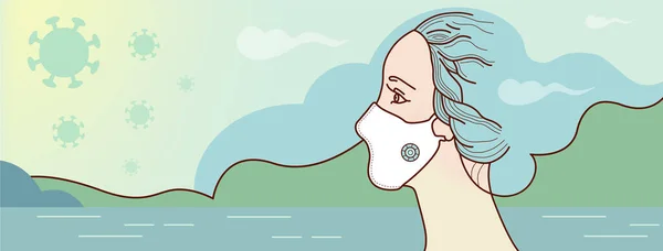 Kobieta Masce Ochronnej Respirator Tle Krajobrazu Wektor Ilustracja Dziewczyny Nieba — Wektor stockowy