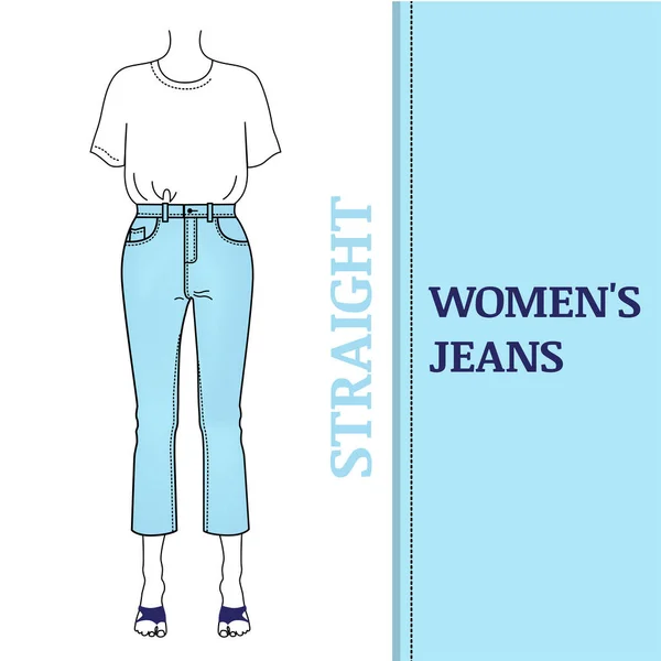 Pantalones Vaqueros Azules Mujer Con Silueta Recta Pantalones Cortos Cintura — Vector de stock