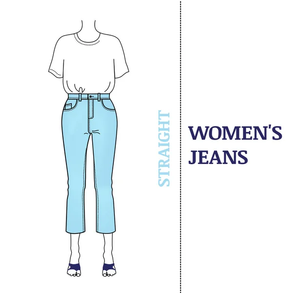 Jeans Femininos Azuis Com Silhueta Reta Calças Curtas Cintura Alta — Vetor de Stock