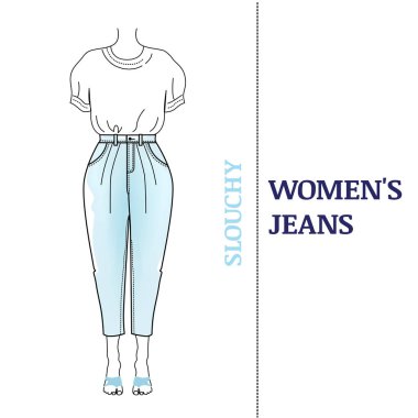 Kadınların silueti gevşek mavi Slouchy Jeans 'leri olmalı. Kısa, yüksek bel, klasik forma ve basit bir t-shirt. Beyaz zemin üzerinde popüler kot türleri, vektör illüstrasyonu.