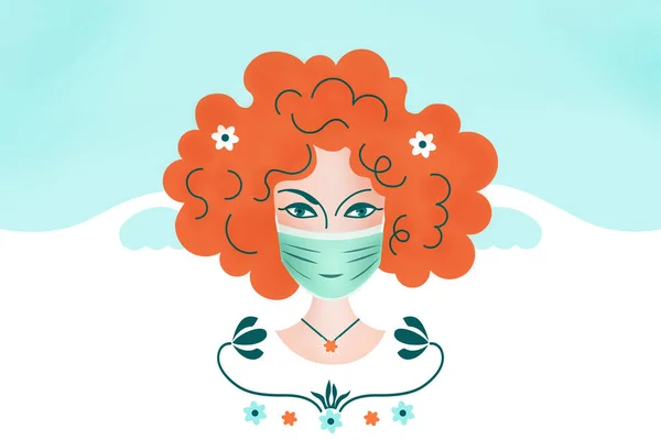 保護マスク マスク マスク 背景空 フィールドハーブで赤い髪の女の子 春の病気での保護 ウイルス 新しいコロナウイルス Covid 穀物植物へのアレルギー反応 — ストック写真