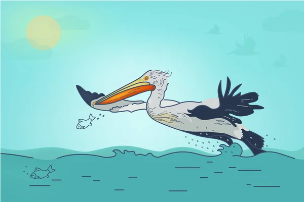 Illustration Flying Bird Curly Dalmatian Pelican Fish Background Coastline Water Stock Photo