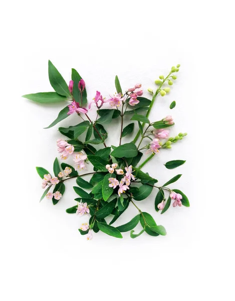 Boeket Van Roze Bos Bloemen Bladeren Lilac Lily Van Vallei — Stockfoto
