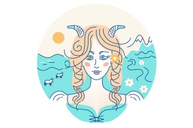 Taurus, logo, dövme ve amblem takımyıldızlarının burç işaretlerinin çizimi. Tarlaları, çiçekleri ve inekleri olan bir dağ manzarasının arka planında boynuzları olan kız ya da kadın..