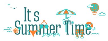 Yazılı afiş. Yaz zamanı. Web sitesi kapağı, karalama metniyle pankart. Nilüfer, balon, deniz dalgaları, terlikler, mayo, beyaz arka planda plaj elementleri.