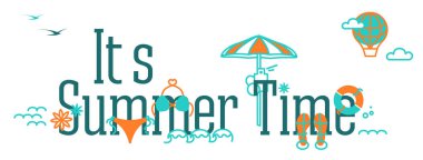 Yazılı vektör pankartı. Yaz zamanı. Web sitesi kapağı, karalama metniyle pankart. Flamingo, nilüfer, balon, deniz dalgası, terlik, mayo, mavi arka planda plaj elementleri ile seyahat resimleri.