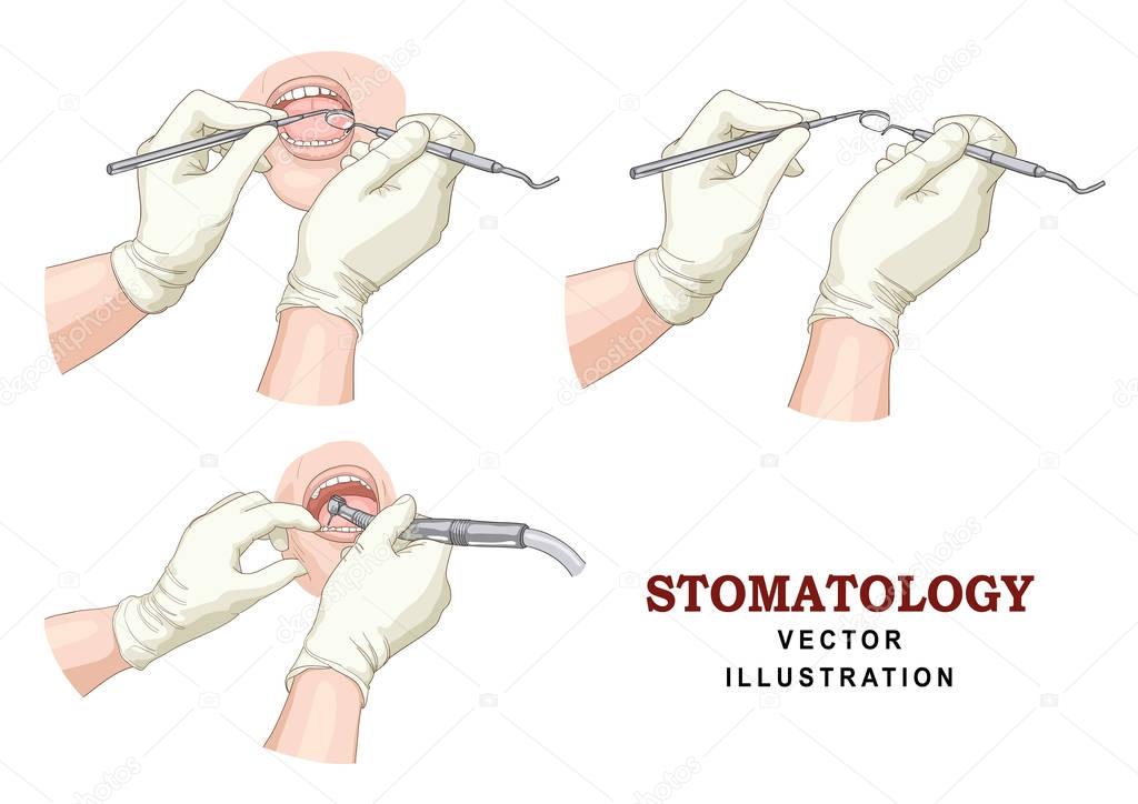 Stomatology hands. vector set.