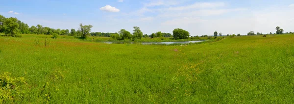 Panorama. Landscape with meadow and small lake. Plesia — Stock Photo, Image