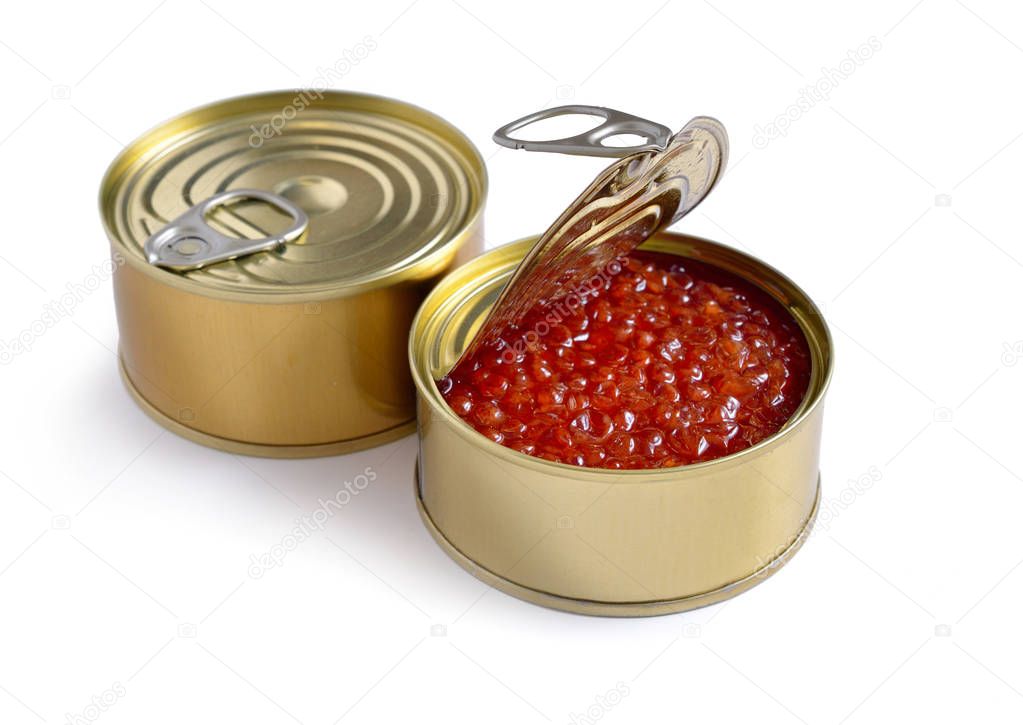 Aluminium cans with Red caviar. Isolate on white background